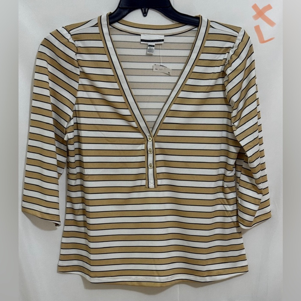 Jules & Leopold White and Tan Fitted Ribbed Blouse